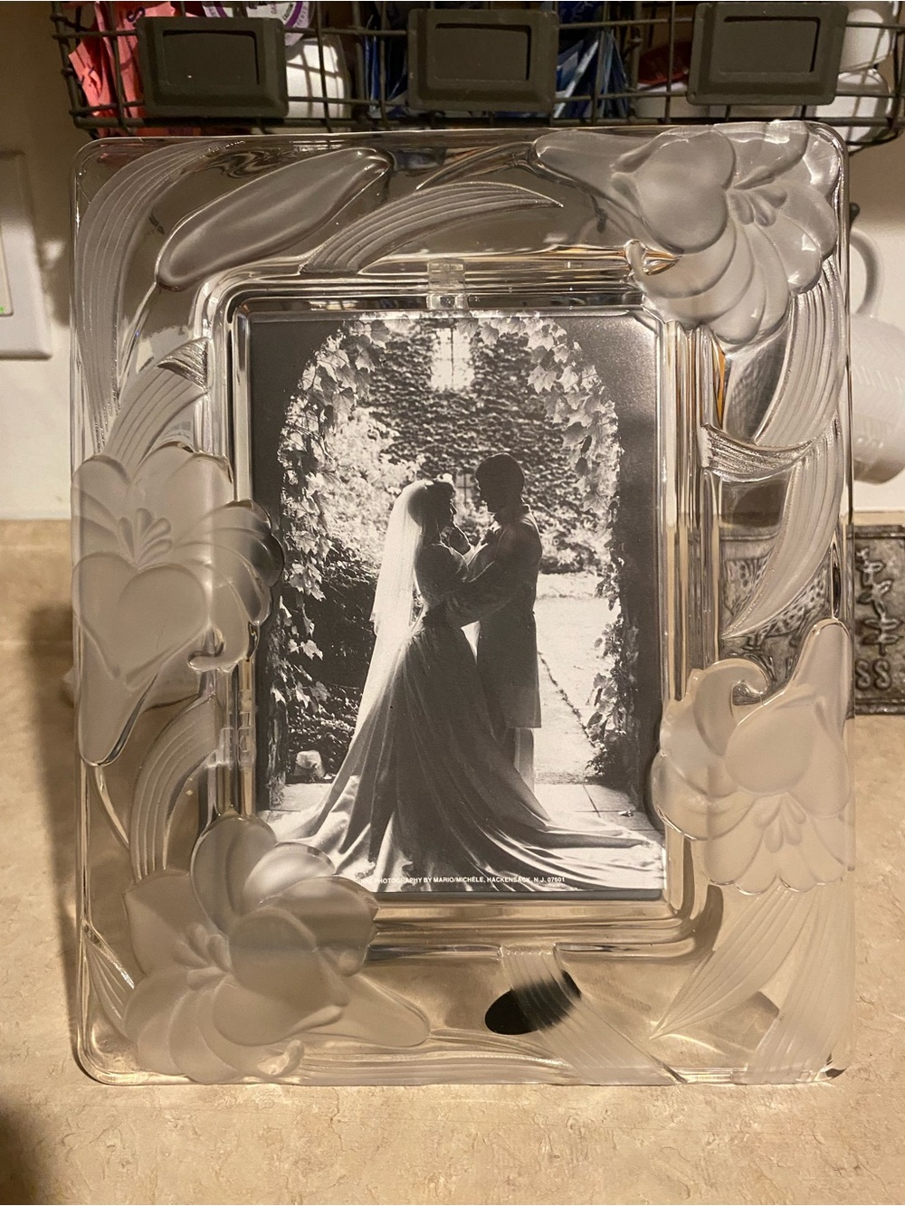 Vintage Crystal Clear Signatures 5x7 Photo Frame Etched Floral Hearts wedding